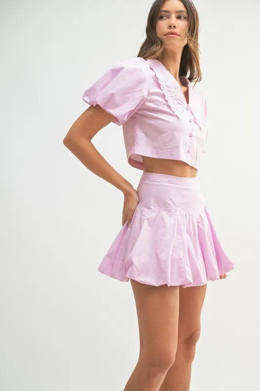 MABLE Puff Sleeve Button Down Top and Bubble Skirt Set - Fashorio