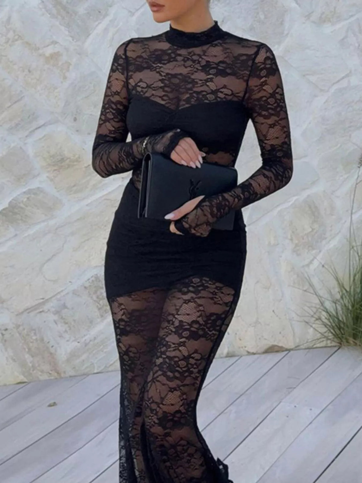 lace mock neck long sleeve maxi dress side view