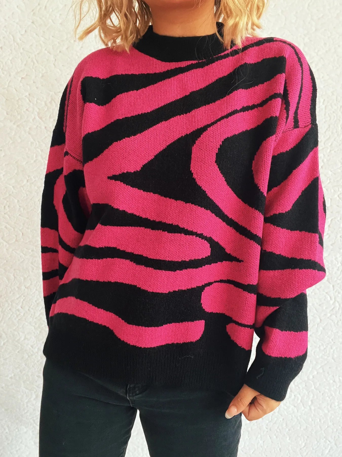 Zebra Print Round Neck Sweater - Fashorio