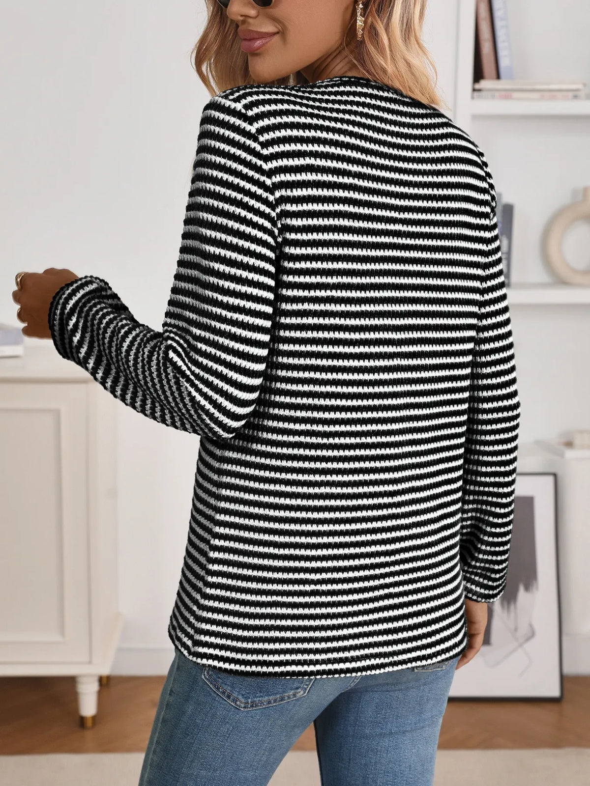 Striped Button Detail Long Sleeve Top, view 23