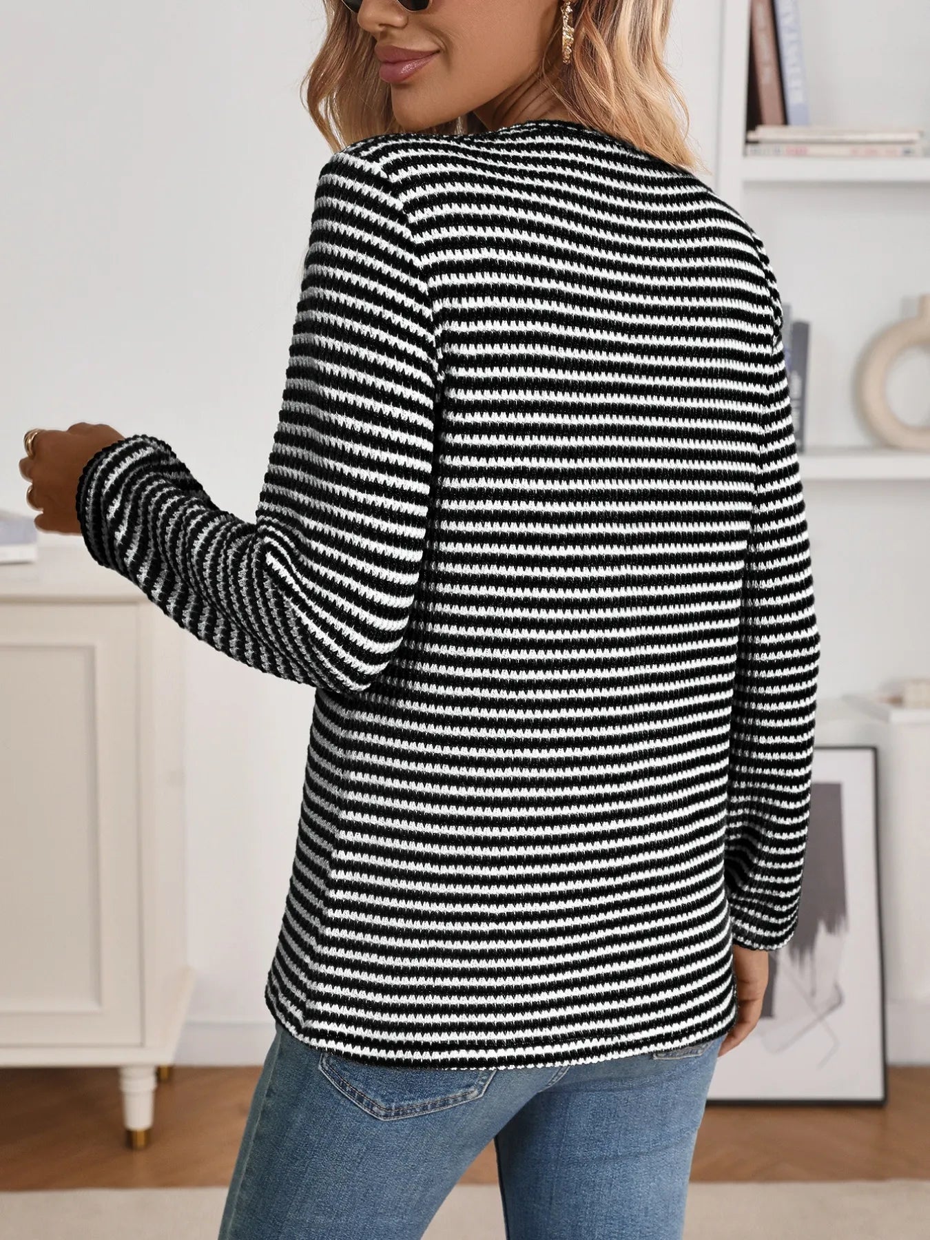 Striped Button Detail Long Sleeve Top - Fashorio