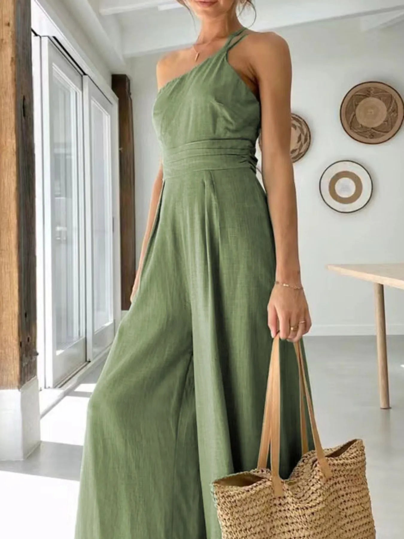Single Shoulder Wide Leg Jumpsuit Bean Green - Fashorio