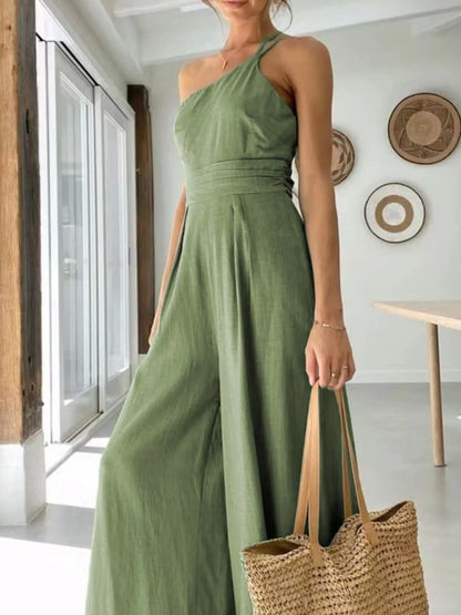 Single Shoulder Wide Leg Jumpsuit Bean Green - Fashorio
