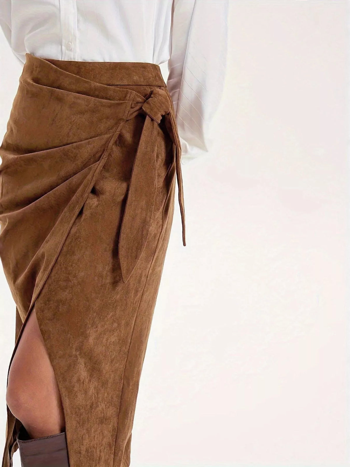 brown wrap midi skirt side view