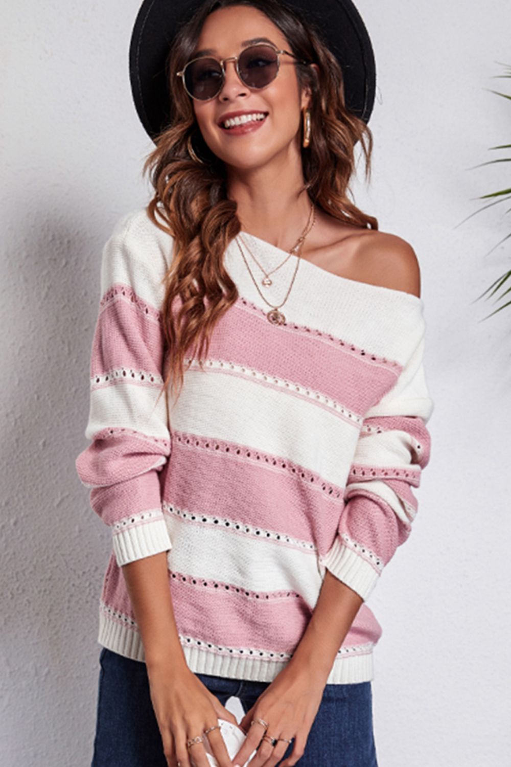Striped Boat Neck Dropped Shoulder Sweater - Fashorio