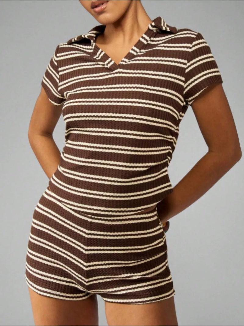 Striped knit short sleeve top and shorts set front view