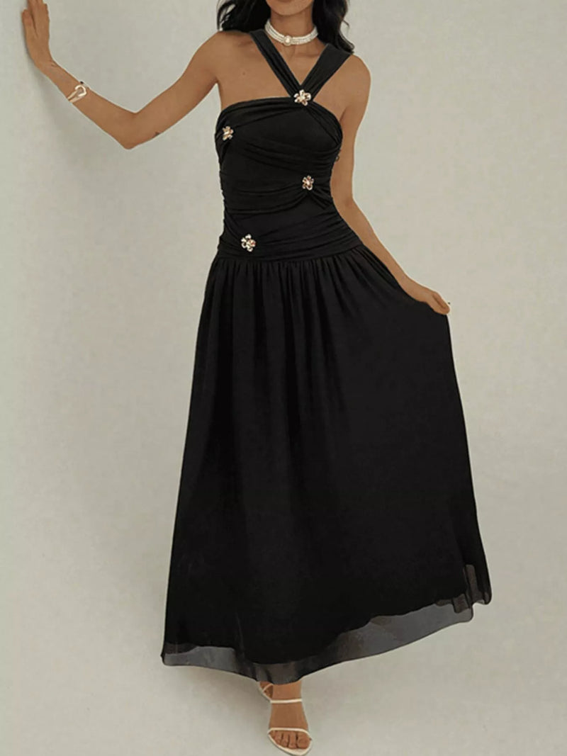 Black ruched sleeveless embellished dress front view