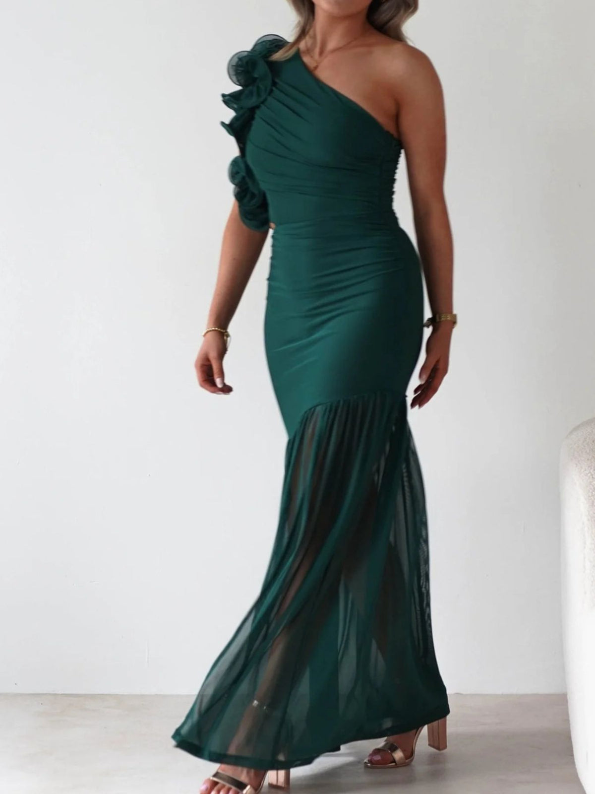 one shoulder ruffle trim maxi dress side view