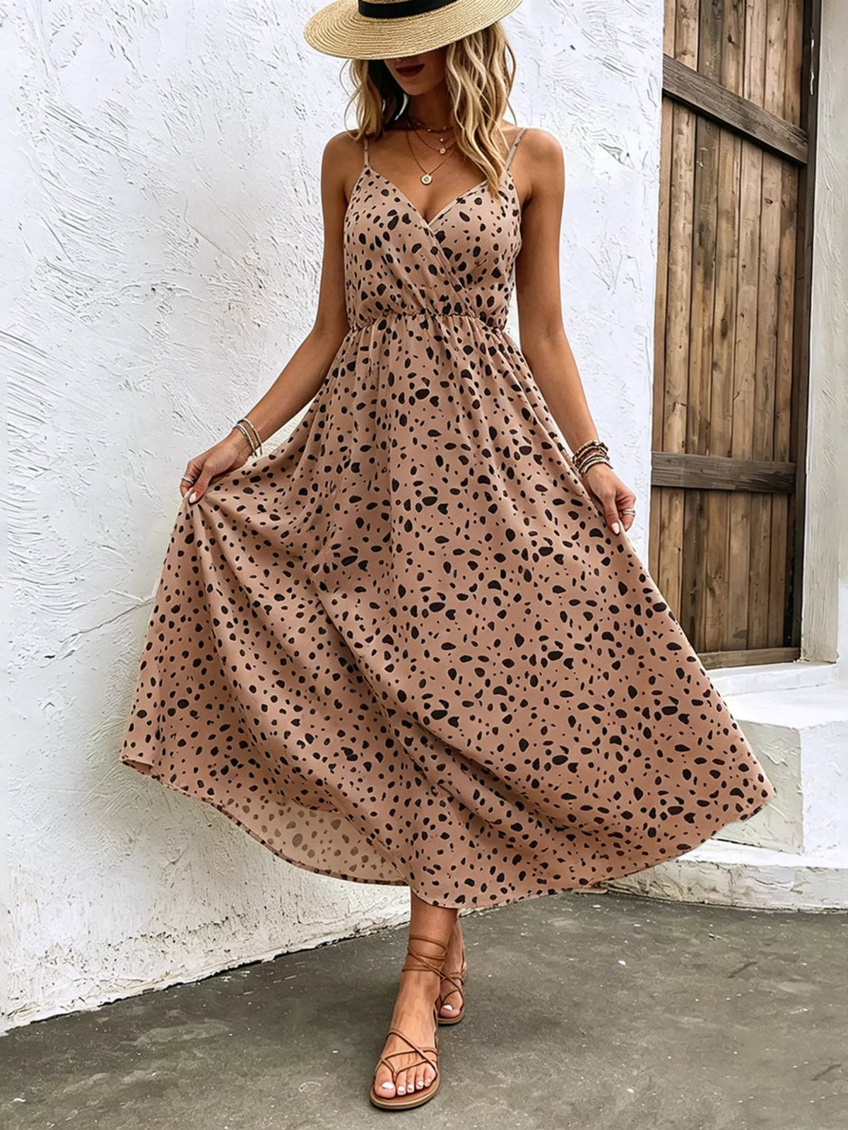 Close view of the floral print fabric on the midi dress