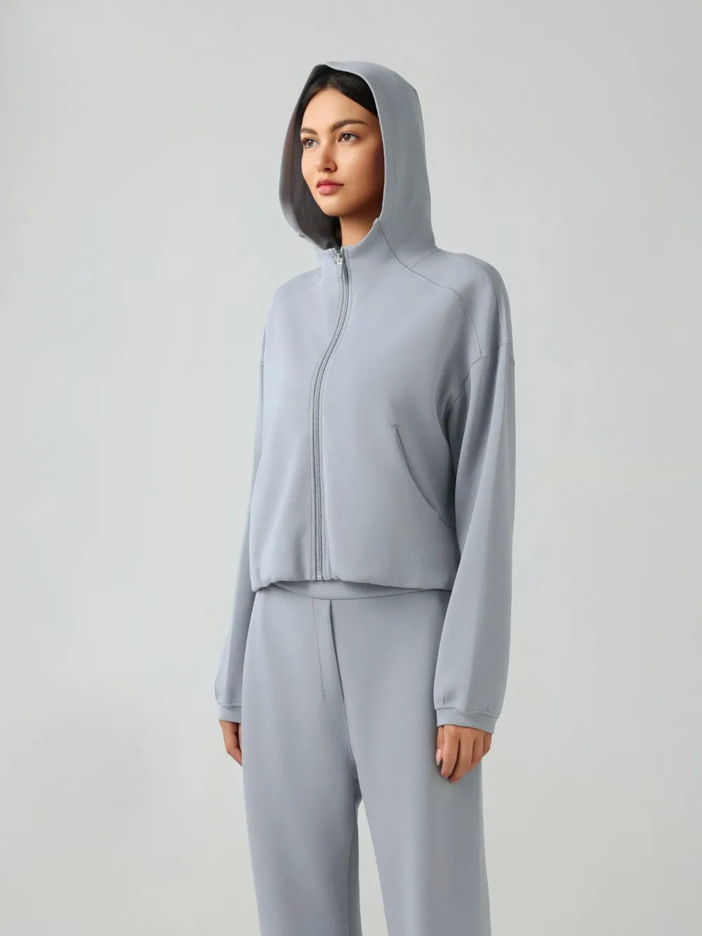 Millennia Zip Up Dropped Shouder Active Hooded Light Blue - Fashorio