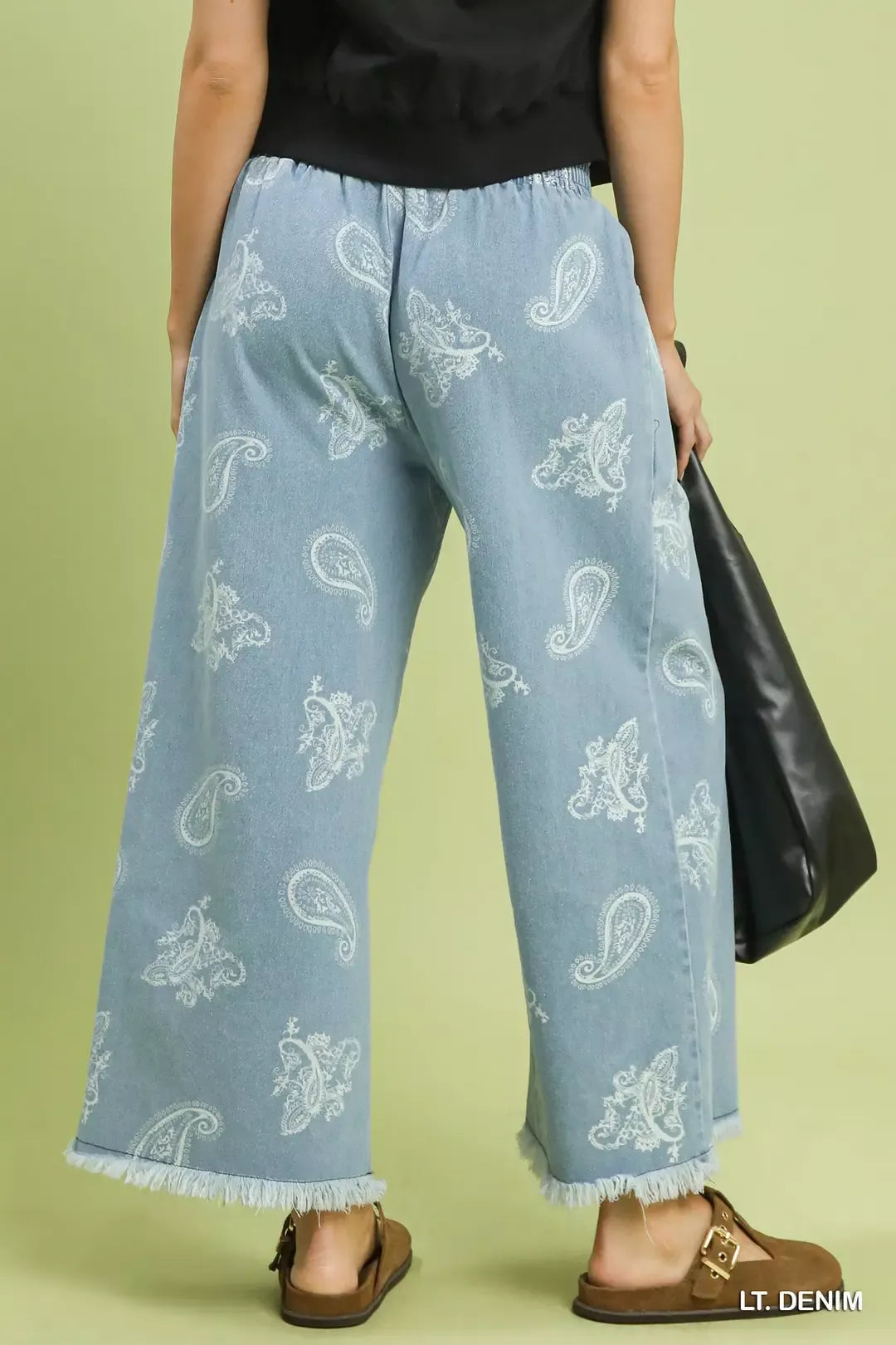 Light wash paisley wide leg denim pants back view