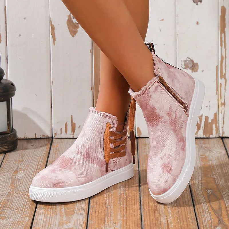 Lace Up Round Toe Canvas Boots with Side Zip top down view