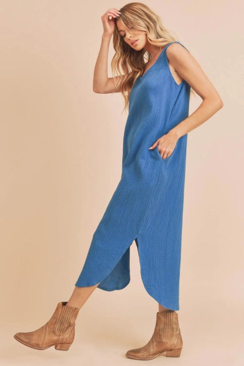 Round neck midi tank dress with pockets in peacock blue front view