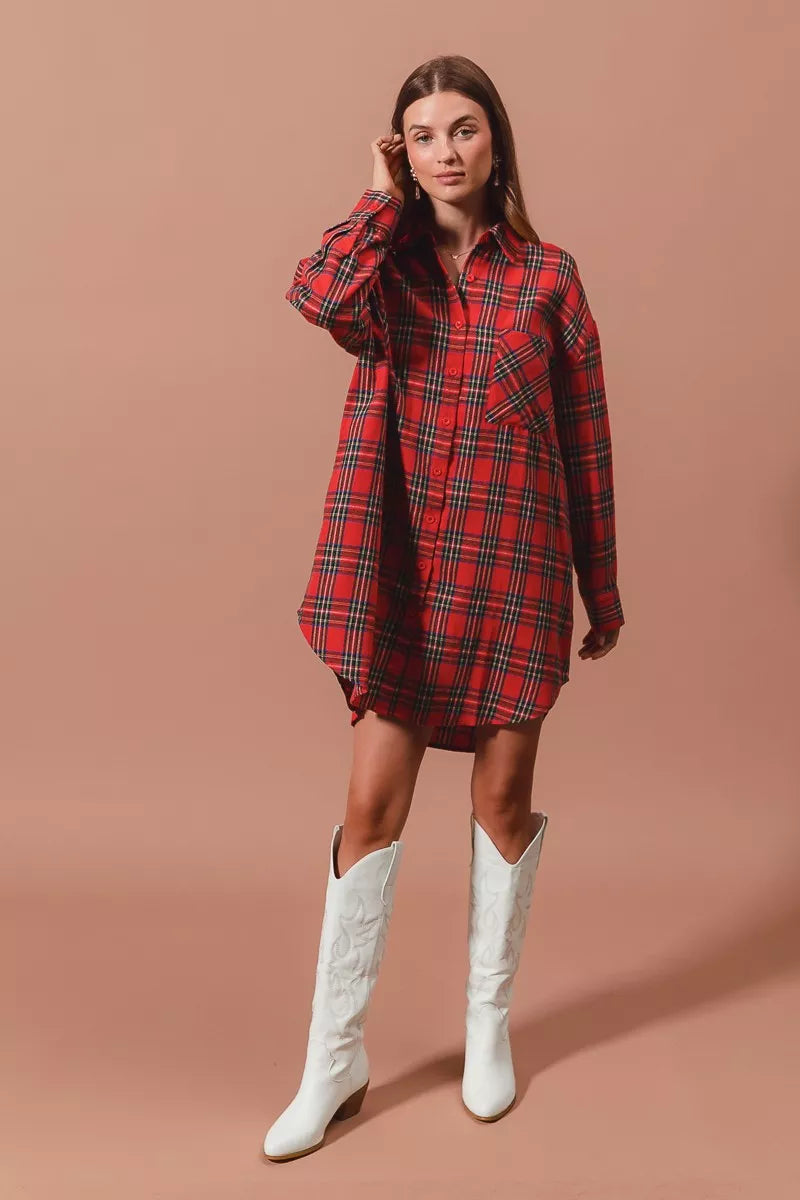 Checker Plaid Button Up Shirt Dress in Red view 10