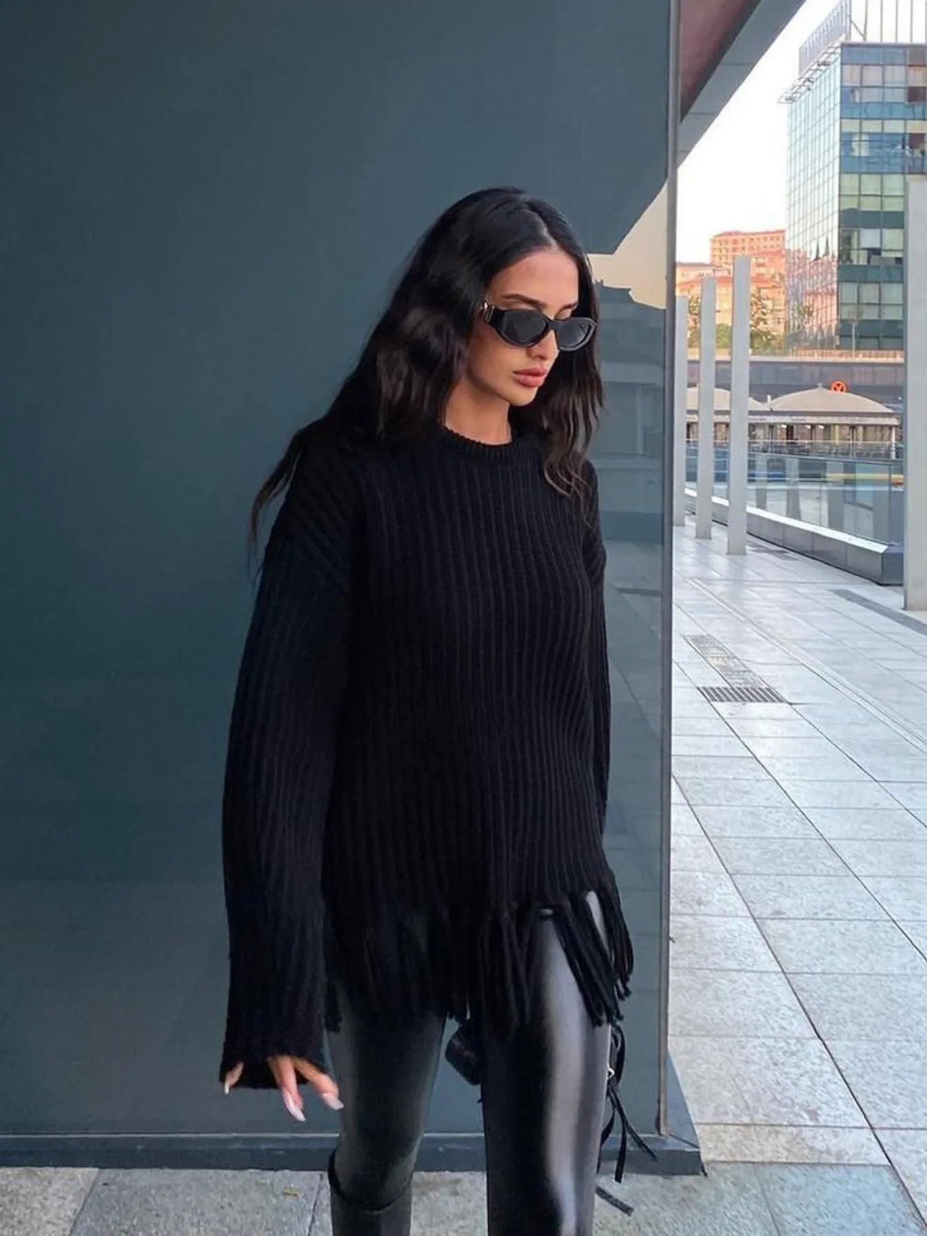 Fringe Round Neck Long Sleeve Sweater - Fashorio