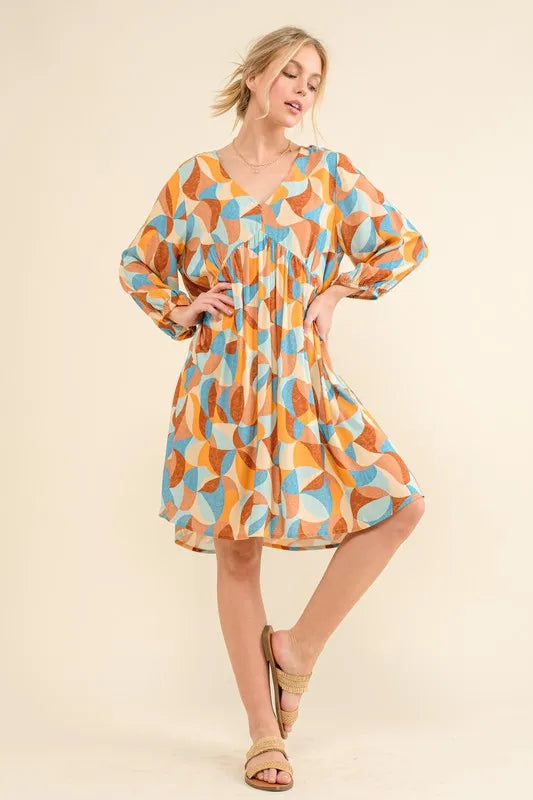 Printed Open Back Puff Sleeve Casual Dress styled look