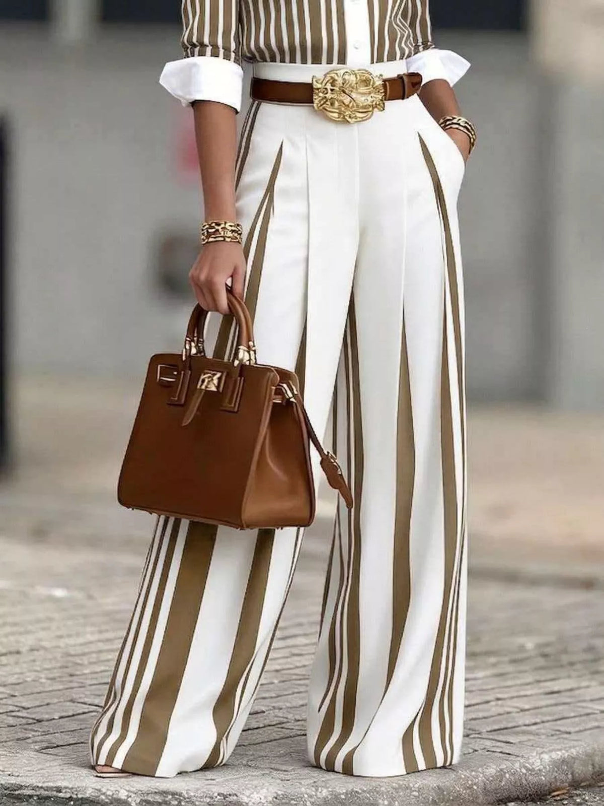 Wide leg striped pants full length styling shot