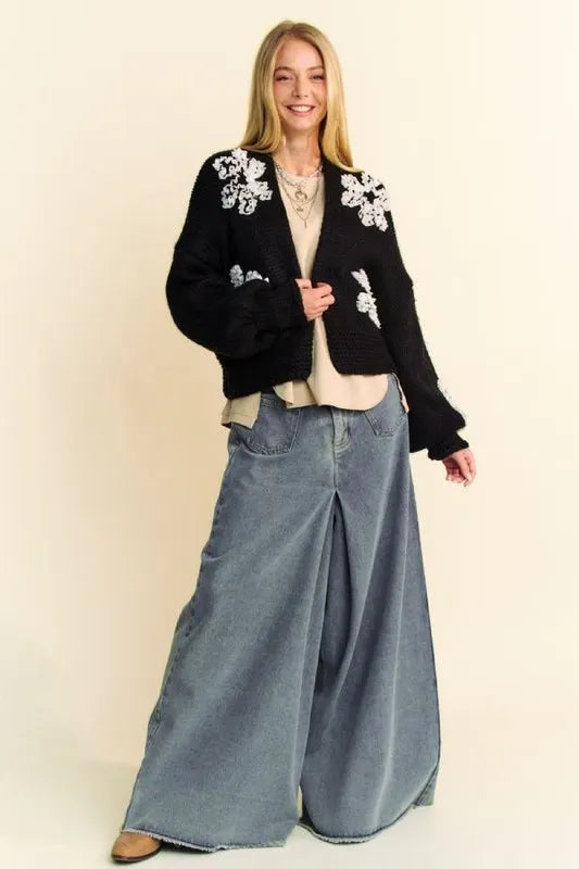 Davi & Dani Floral Applique Open Front Dropped Shoulder Cardigan Black - Fashorio