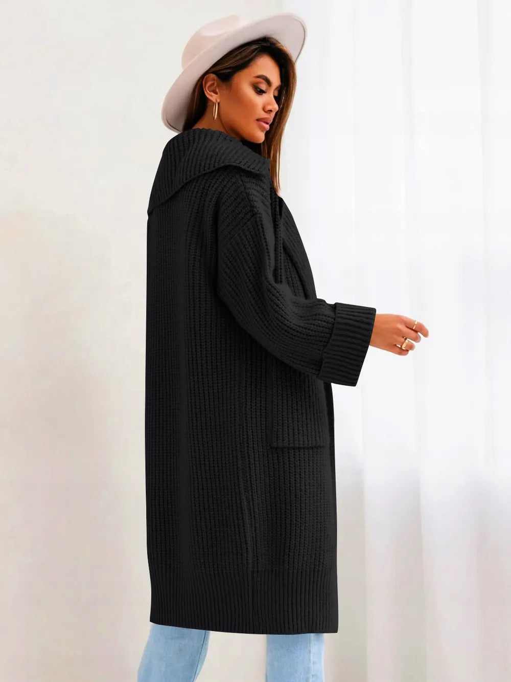 Pocketed Collared Neck Dropped Shoulder Cardigan - Fashorio