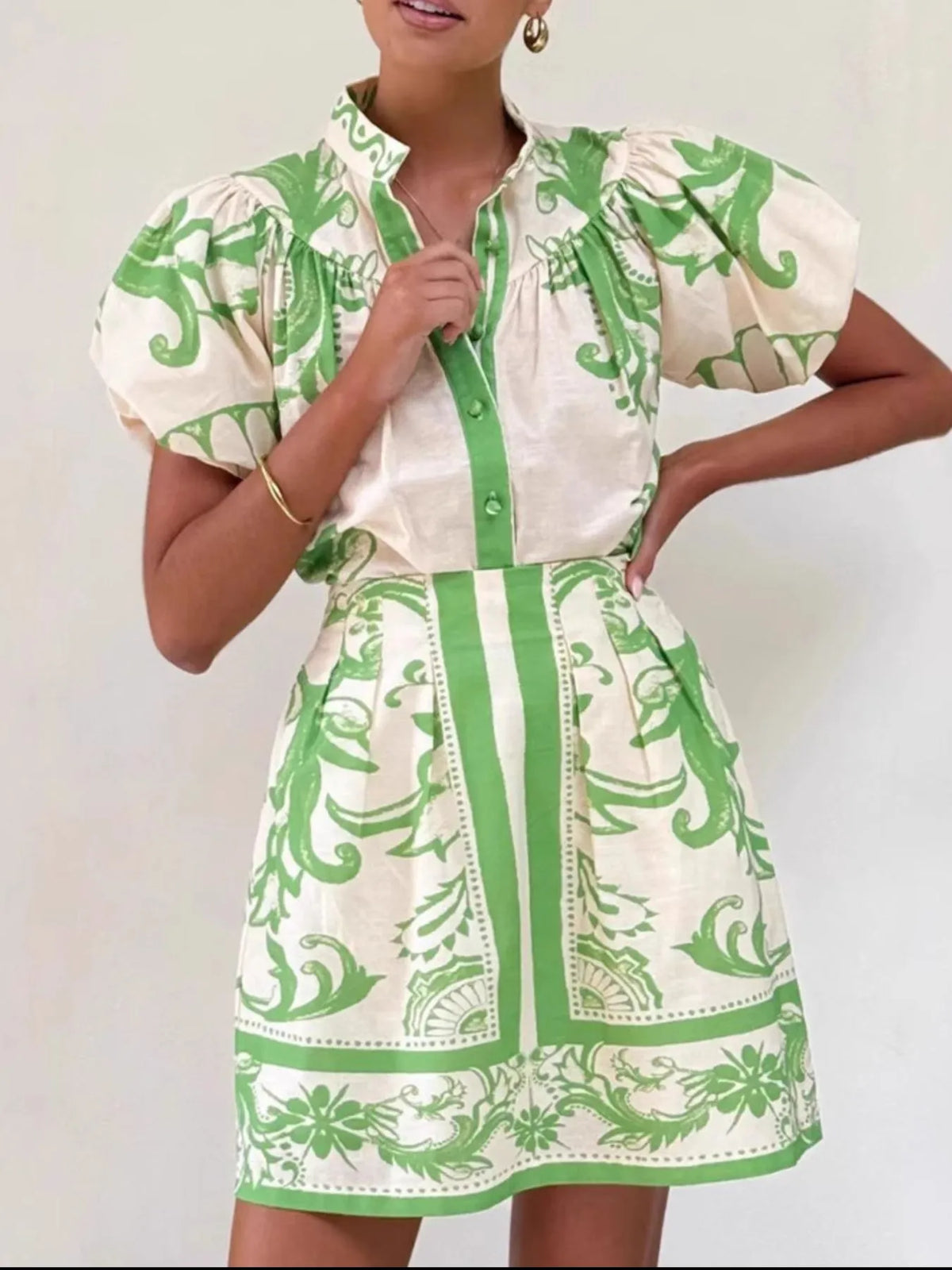 Printed Puff Sleeve Top and Skirt Set, view 10