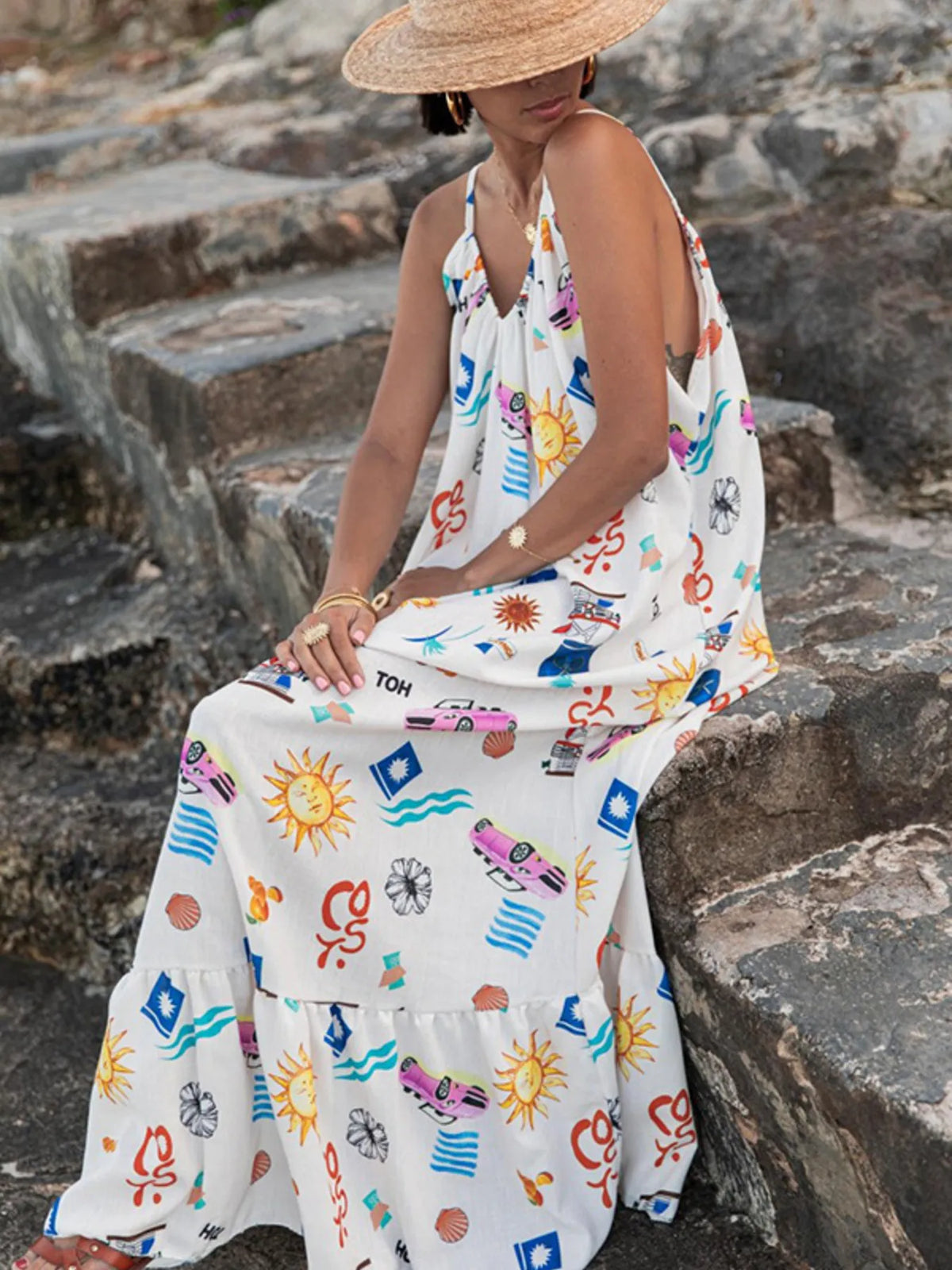 Printed V neck summer maxi dress three quarter view