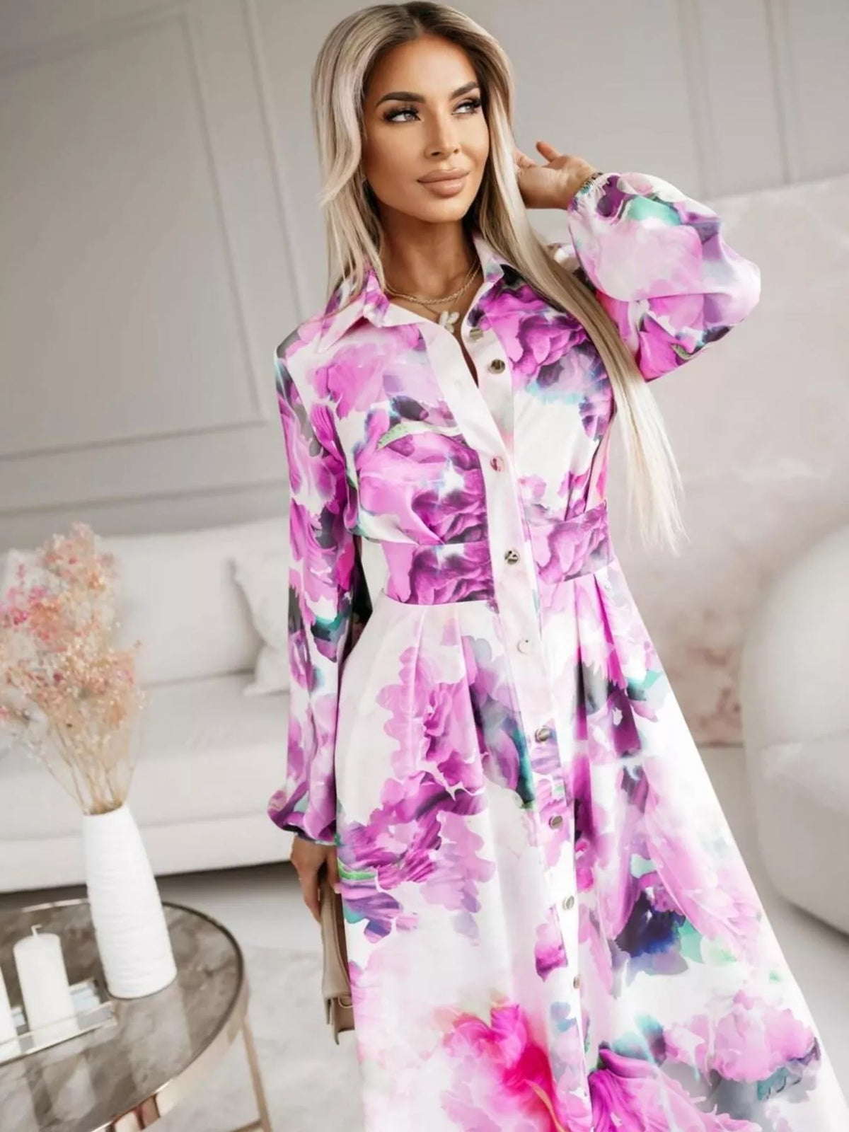 Printed button front maxi shirt dress sleeve detail