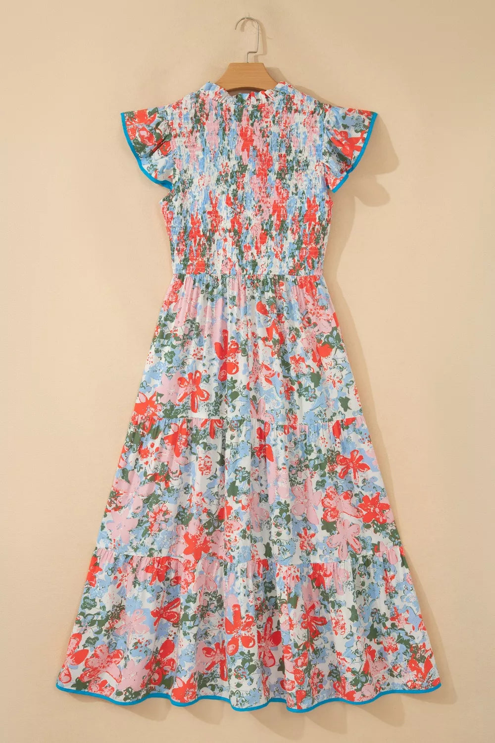Floral print V neck flutter sleeve maxi dress detail view