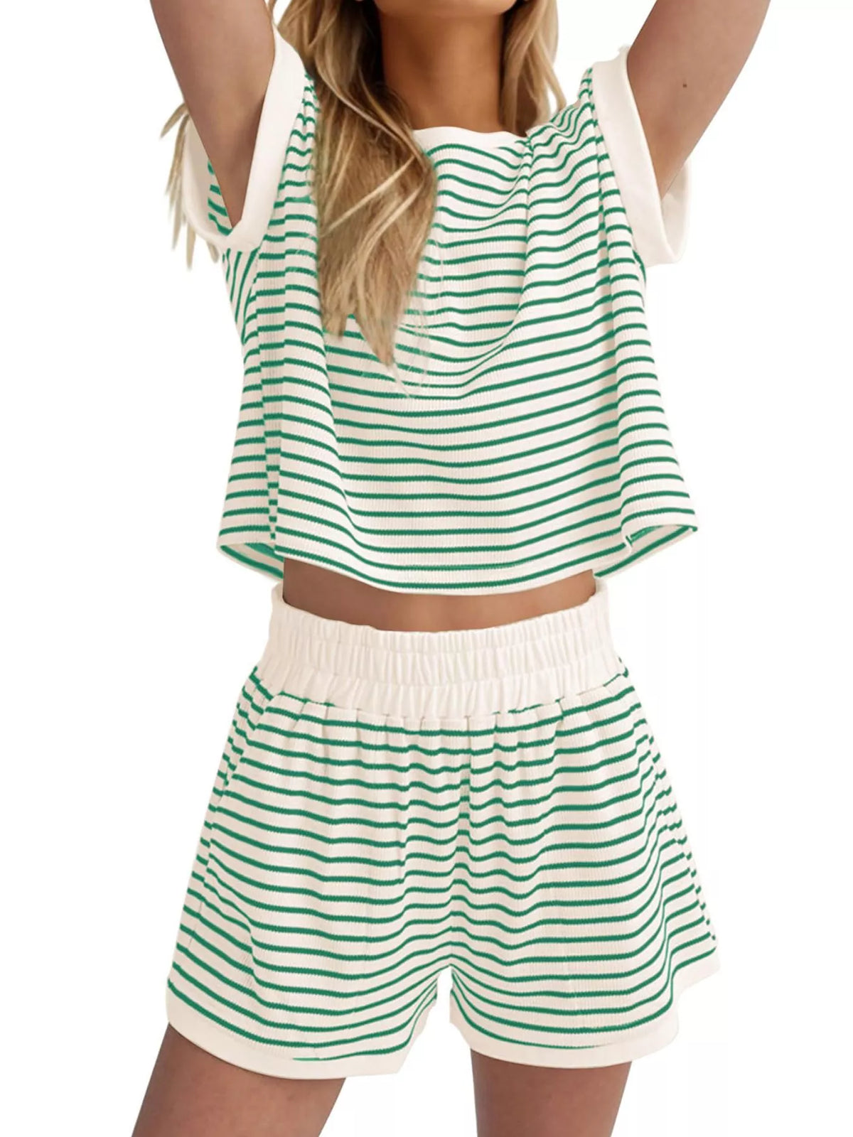 Striped Round Neck Top and Shorts Set Plus Size, view 13