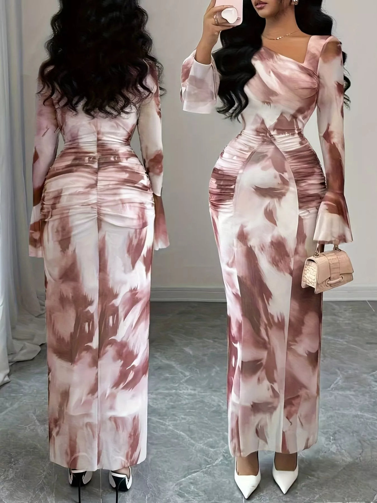 Red asymmetrical neck long sleeve maxi dress, back view