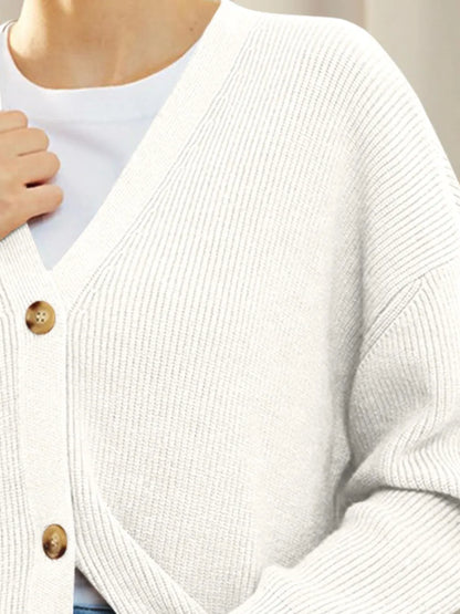 Button Down V-Neck Long Sleeve Cardigan - Fashorio