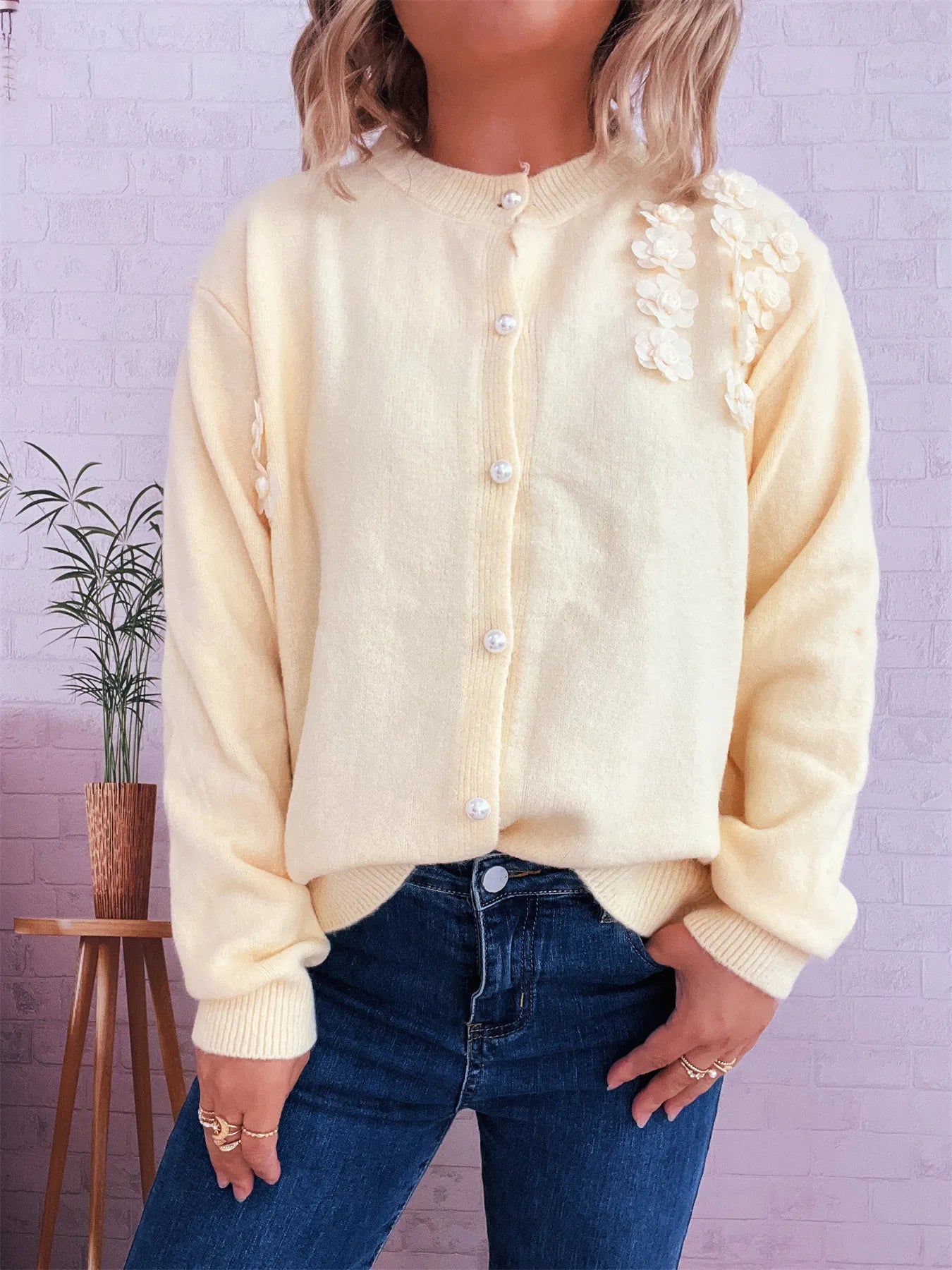 Flower Button Up Long Sleeve Cardigan - Fashorio