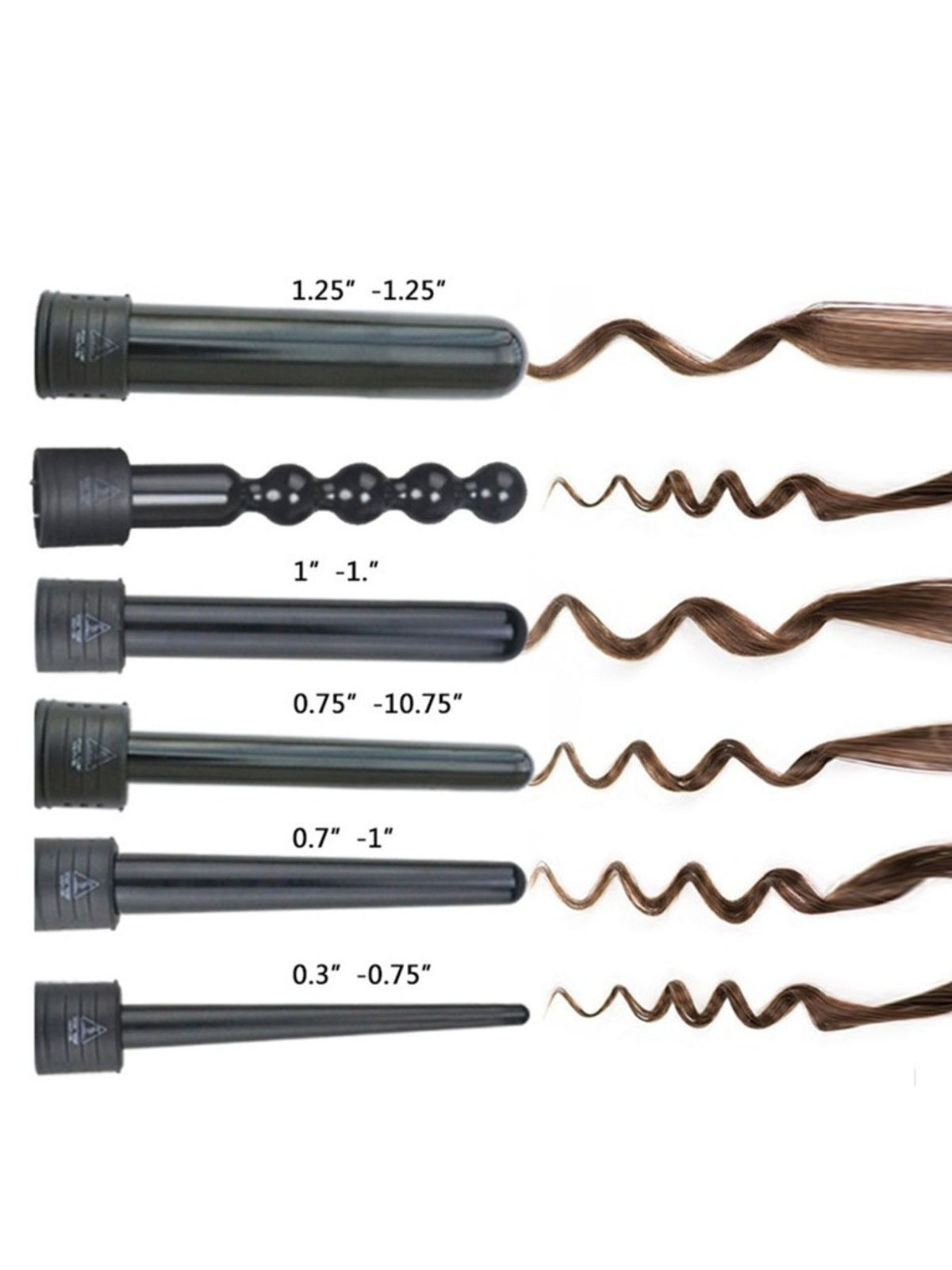 Curling iron barrels laid out