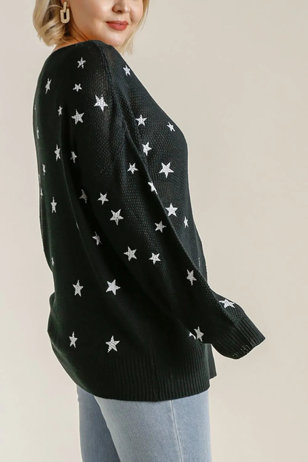Star Print V Neck Long Sleeve Sweater Plus Size in Black detail