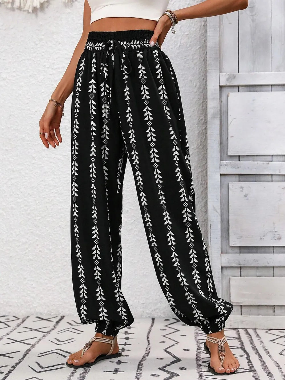 Tie waist printed high waist pants full length styling