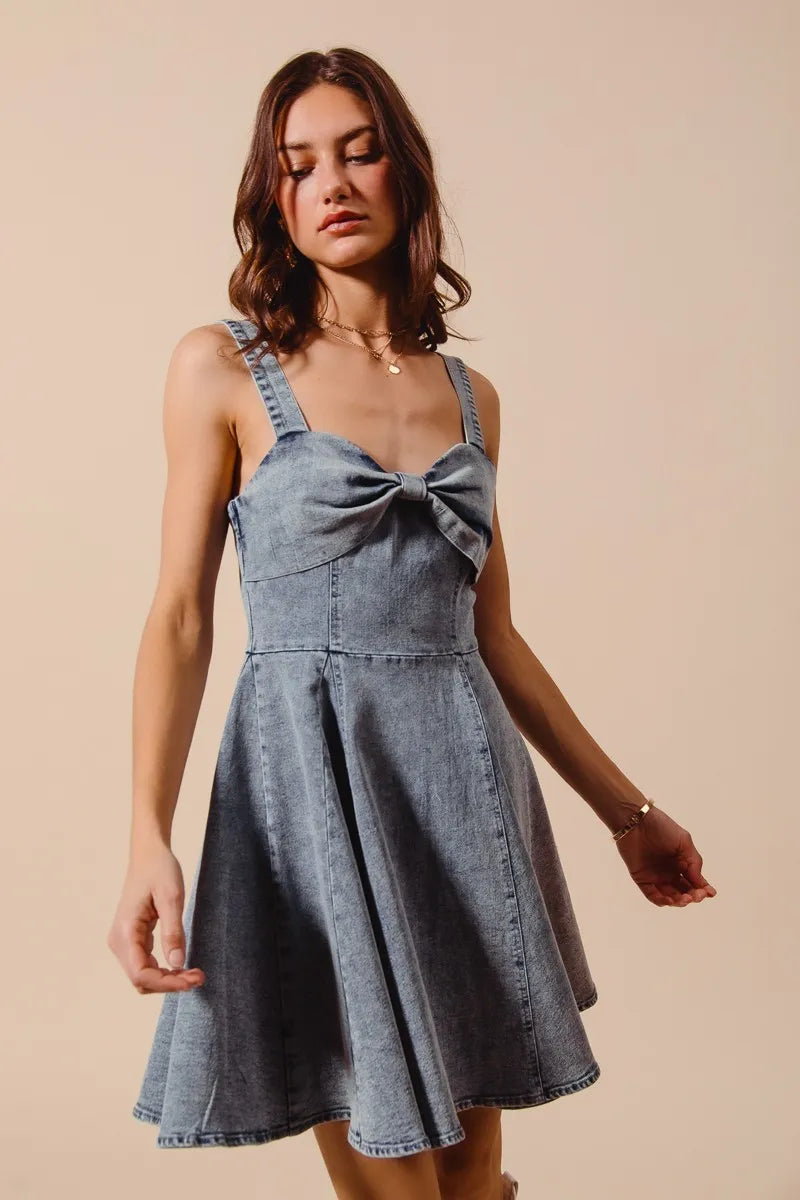 SO ME Mineral Washed Bow Ribbon Denim Flare Dress - Fashorio
