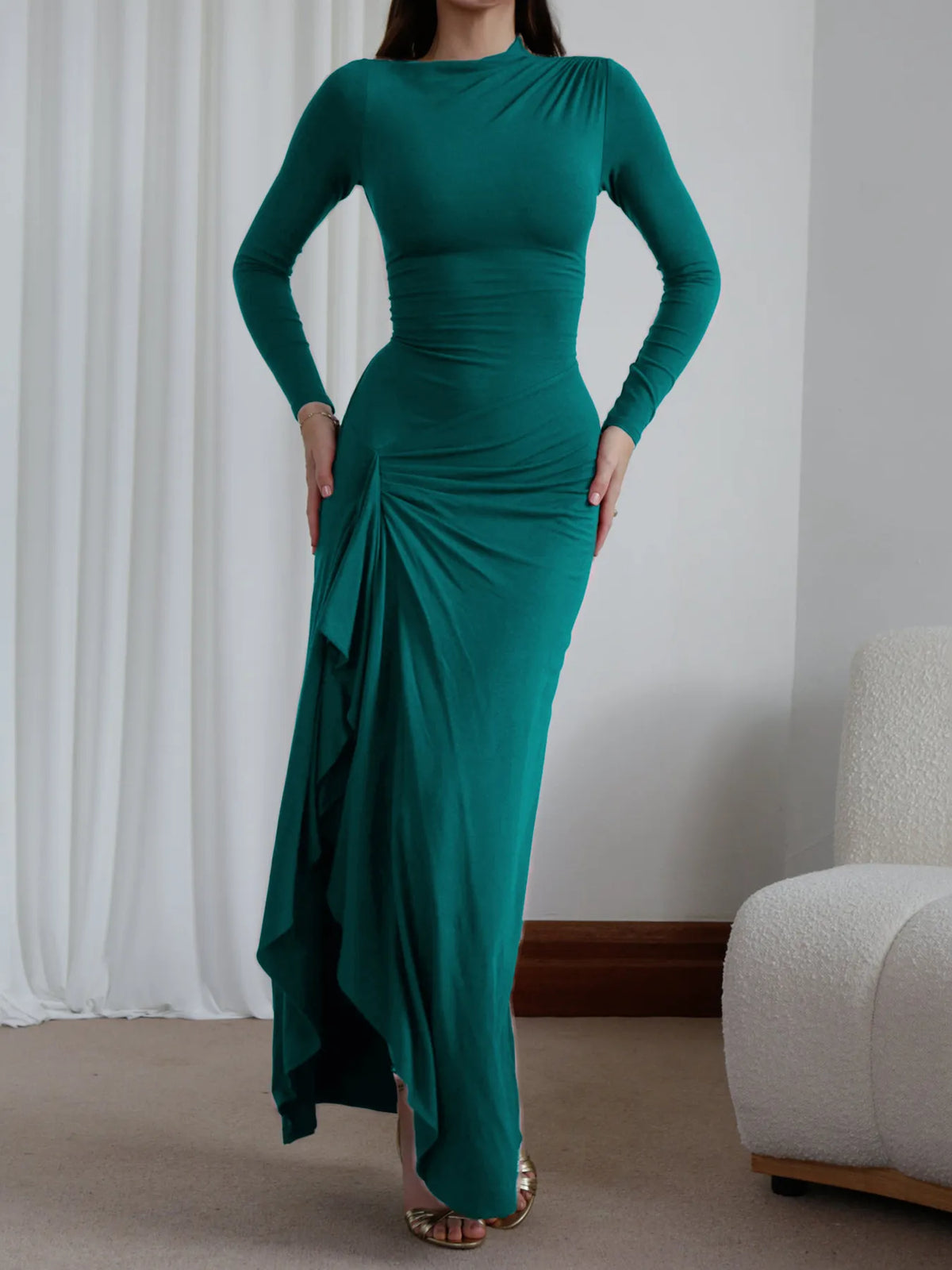 ruched long sleeve maxi dress hemline detail