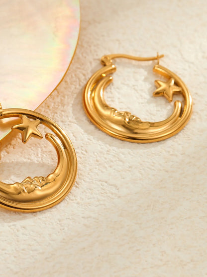 18K Gold-Plated Crescent Moon Star Hoop Earrings - Fashorio