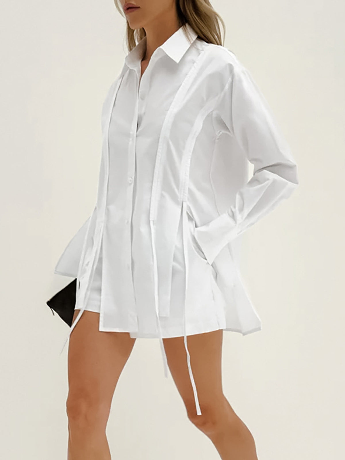 White button up shirt and shorts set side view