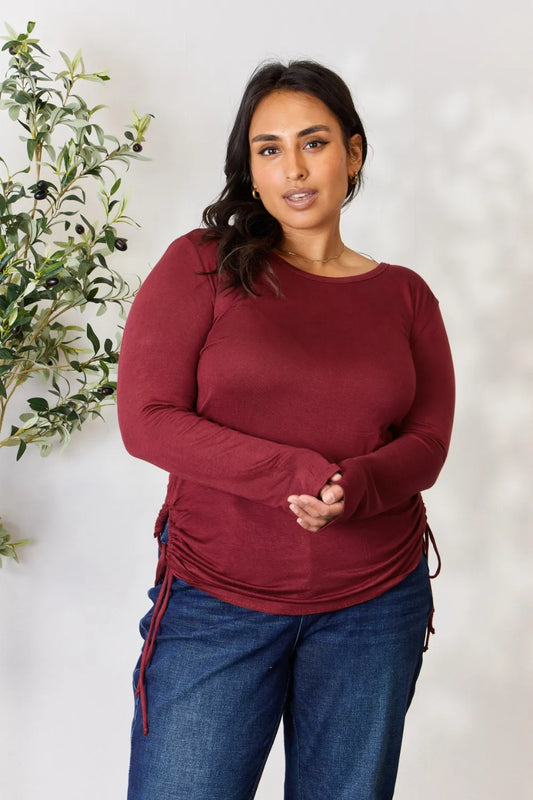 Culture Code Full Size Drawstring Round Neck Long Sleeve Top WINE - Fashorio