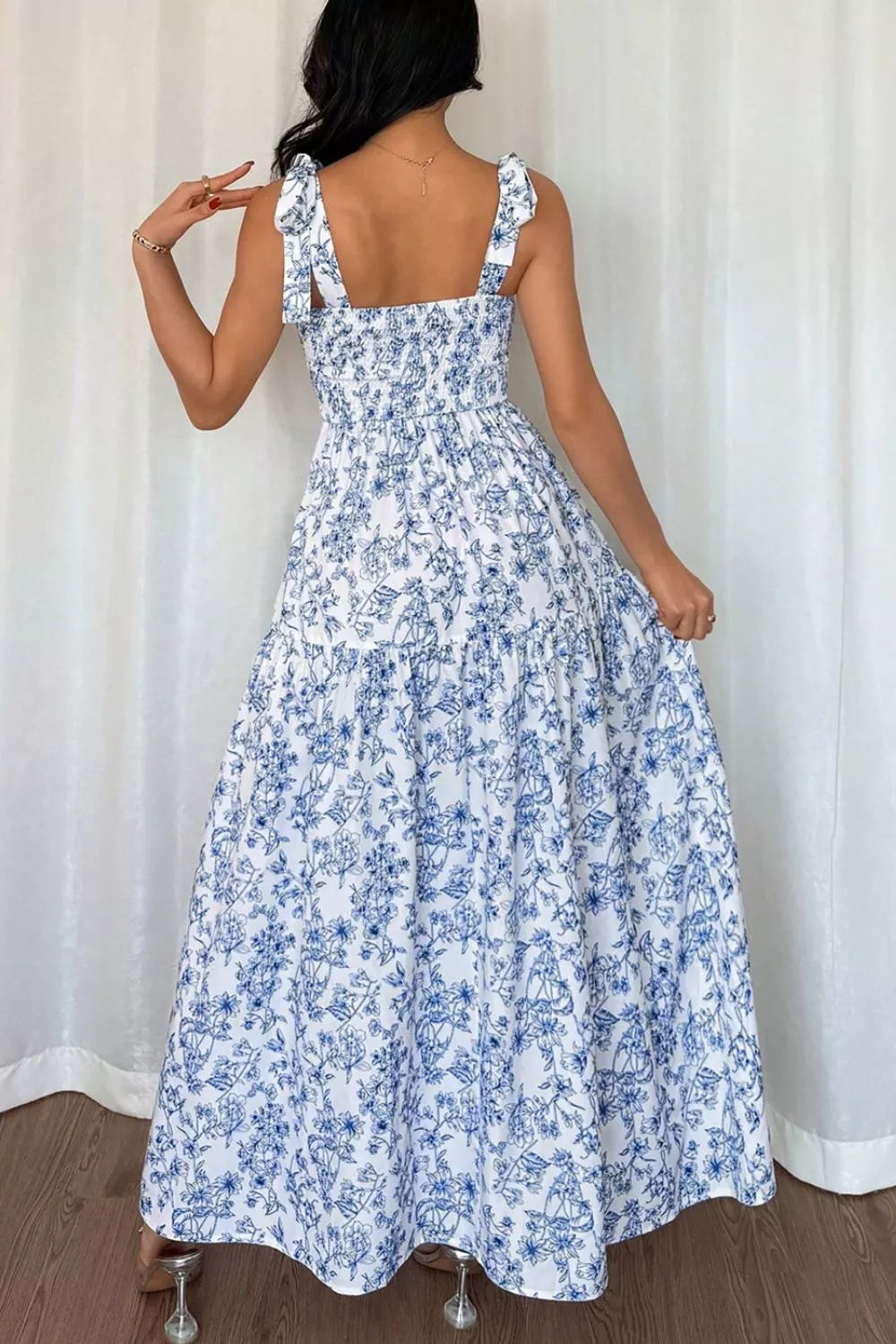 Light blue floral knot strap high waist flared maxi dress front view