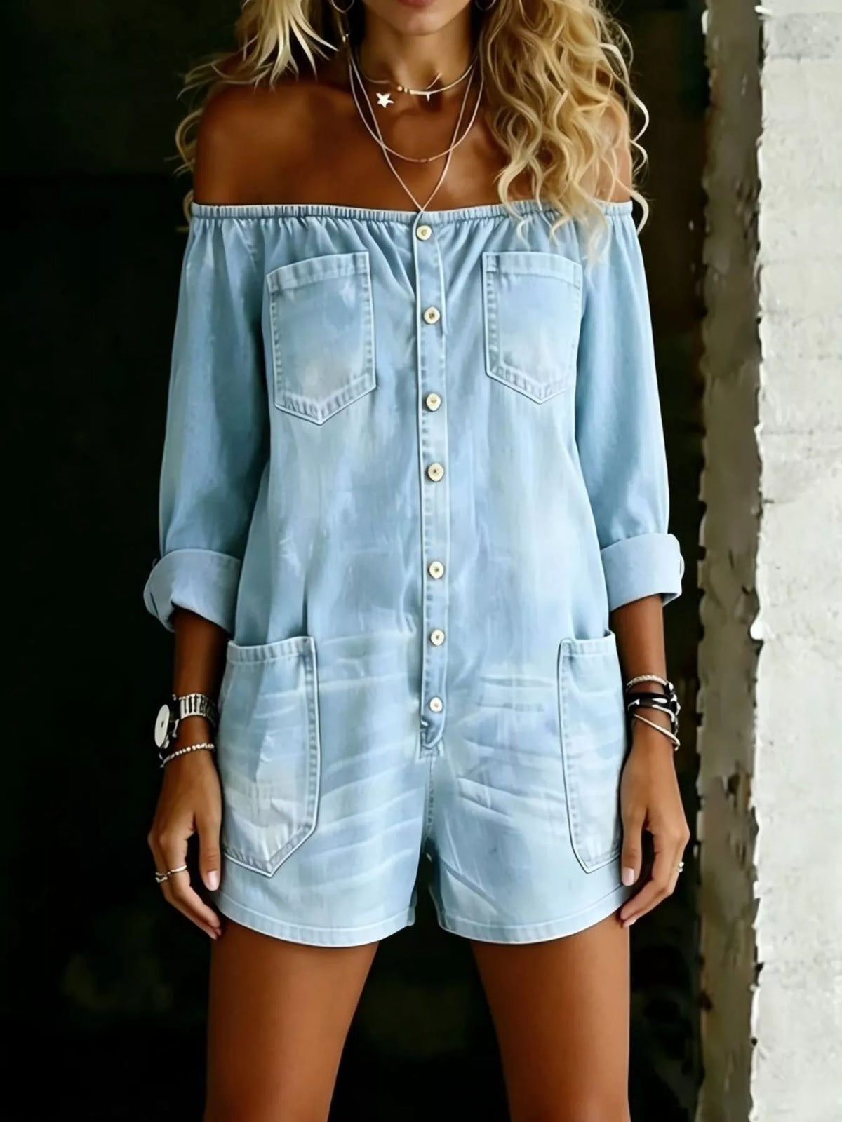 Off shoulder romper button placket detail