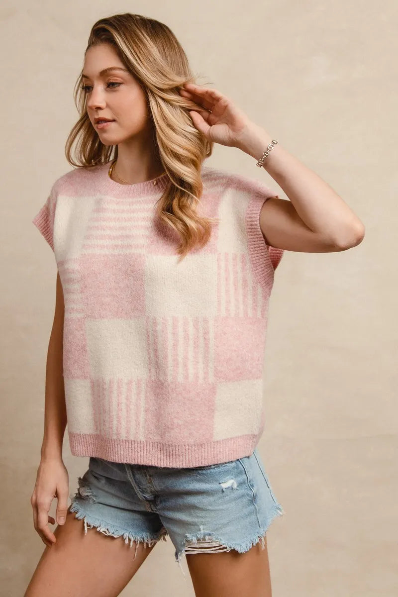 Blush Check and Stripe Sleeveless Sweater detail