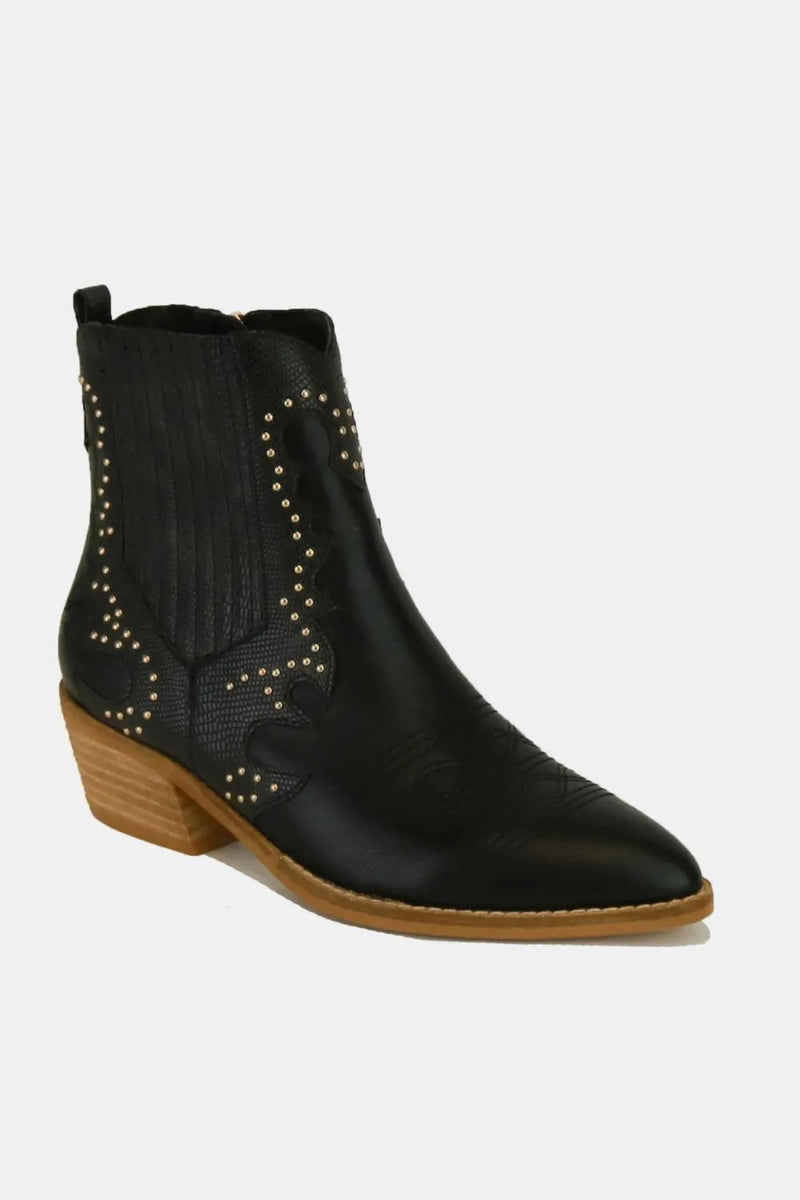 Studded pointed toe ankle boots front view