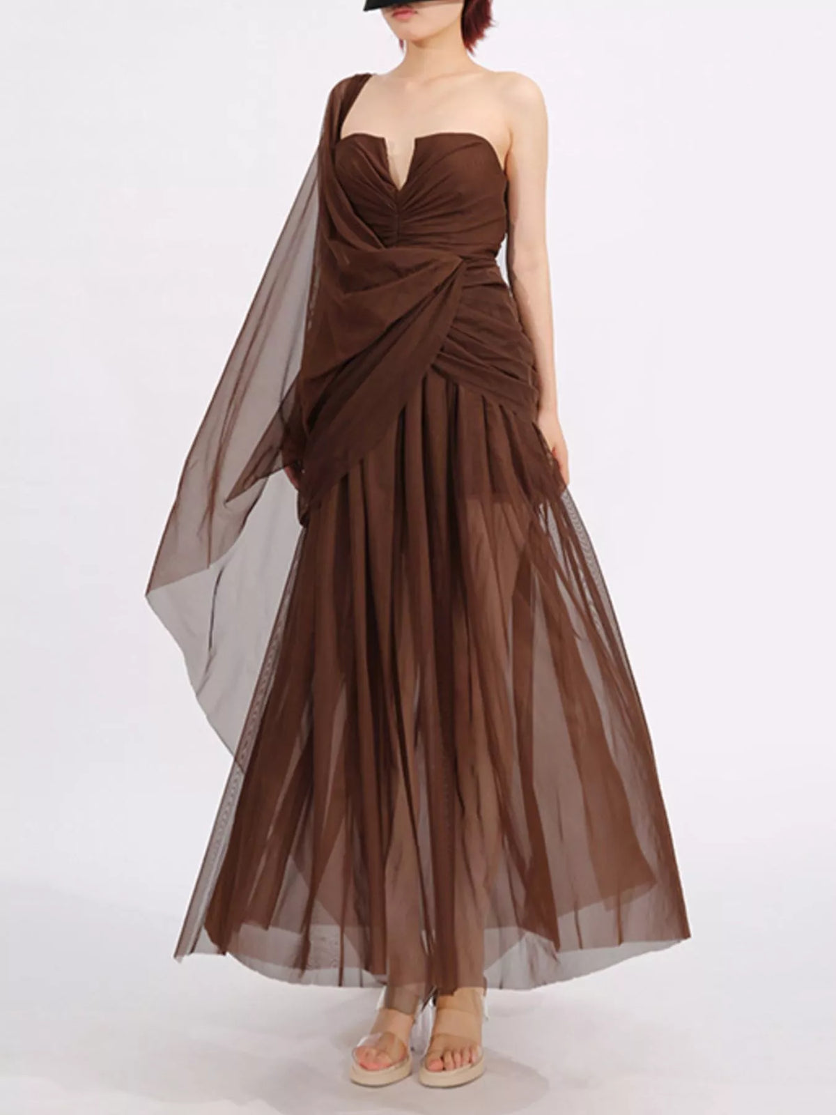 Coffee brown one shoulder flowy mesh midi dress, back view