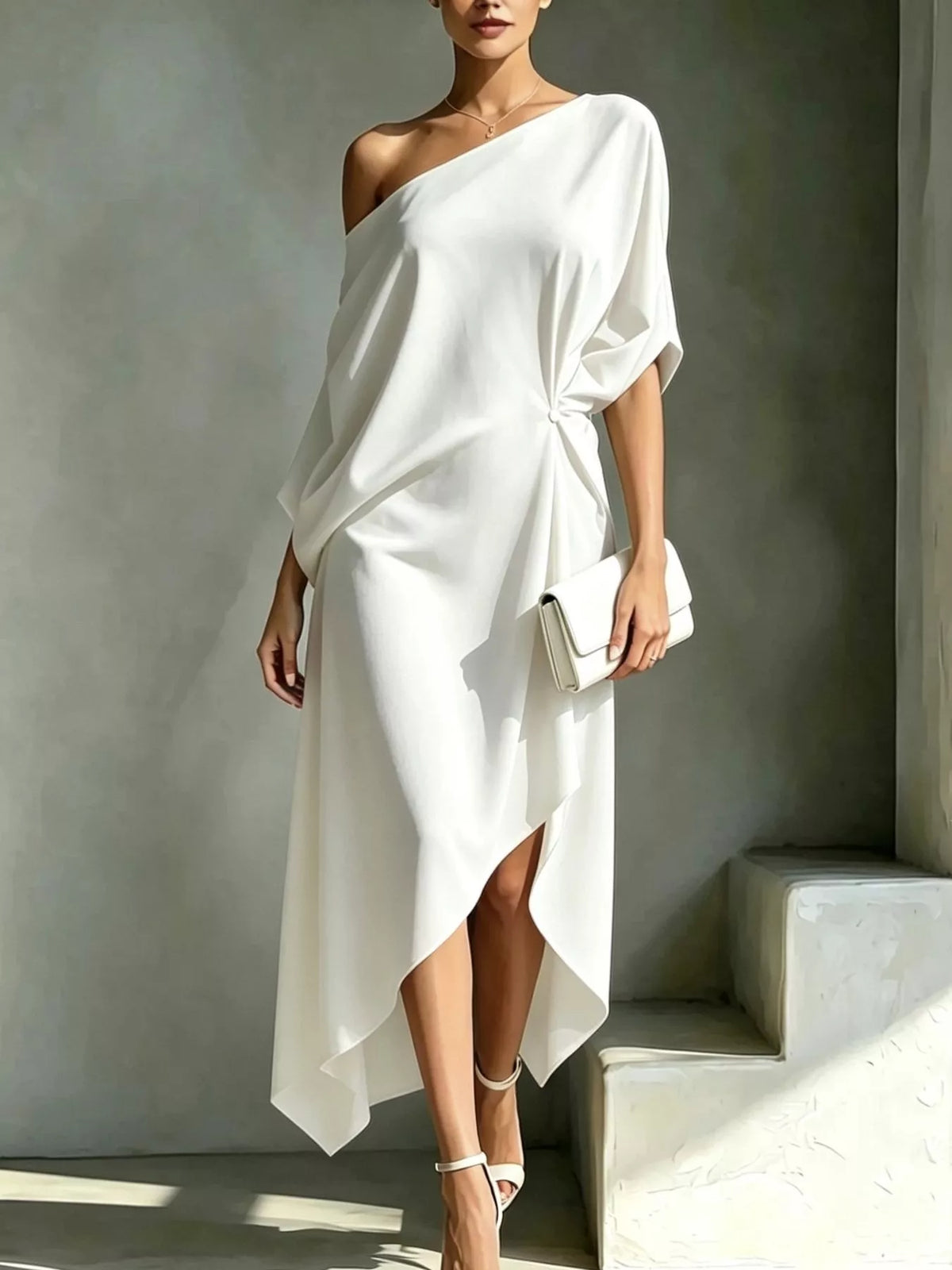 One shoulder drape dress styled view