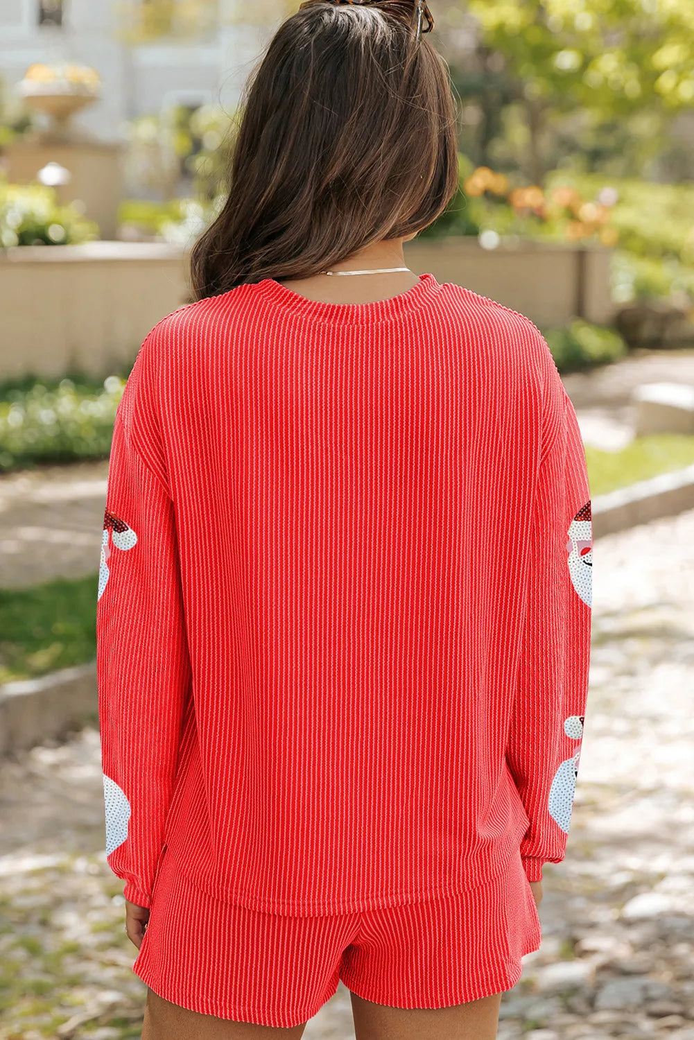 Sequin Santa Round Neck Long Sleeve Top and Shorts Set back view