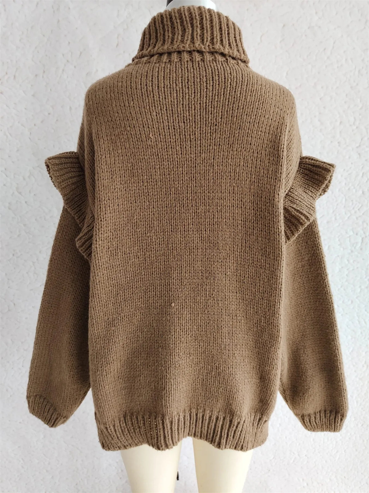 Ruffled turtleneck long sleeve sweater back view
