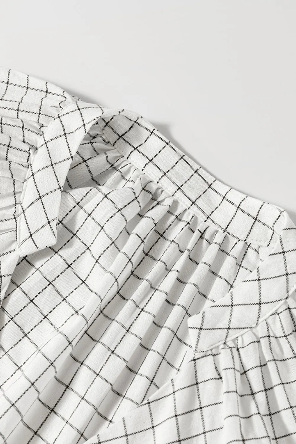 Frill Plaid Balloon Sleeve Mini Dress in White on model