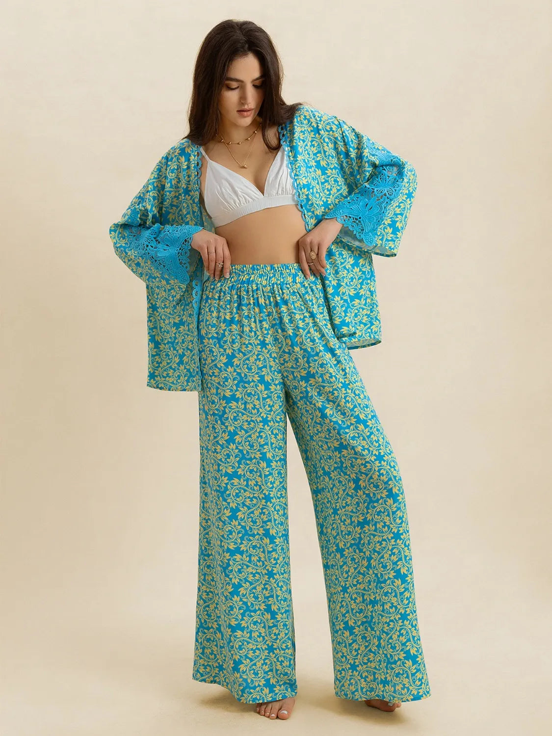 Open Front Printed Top and Pants Set in teal front view
