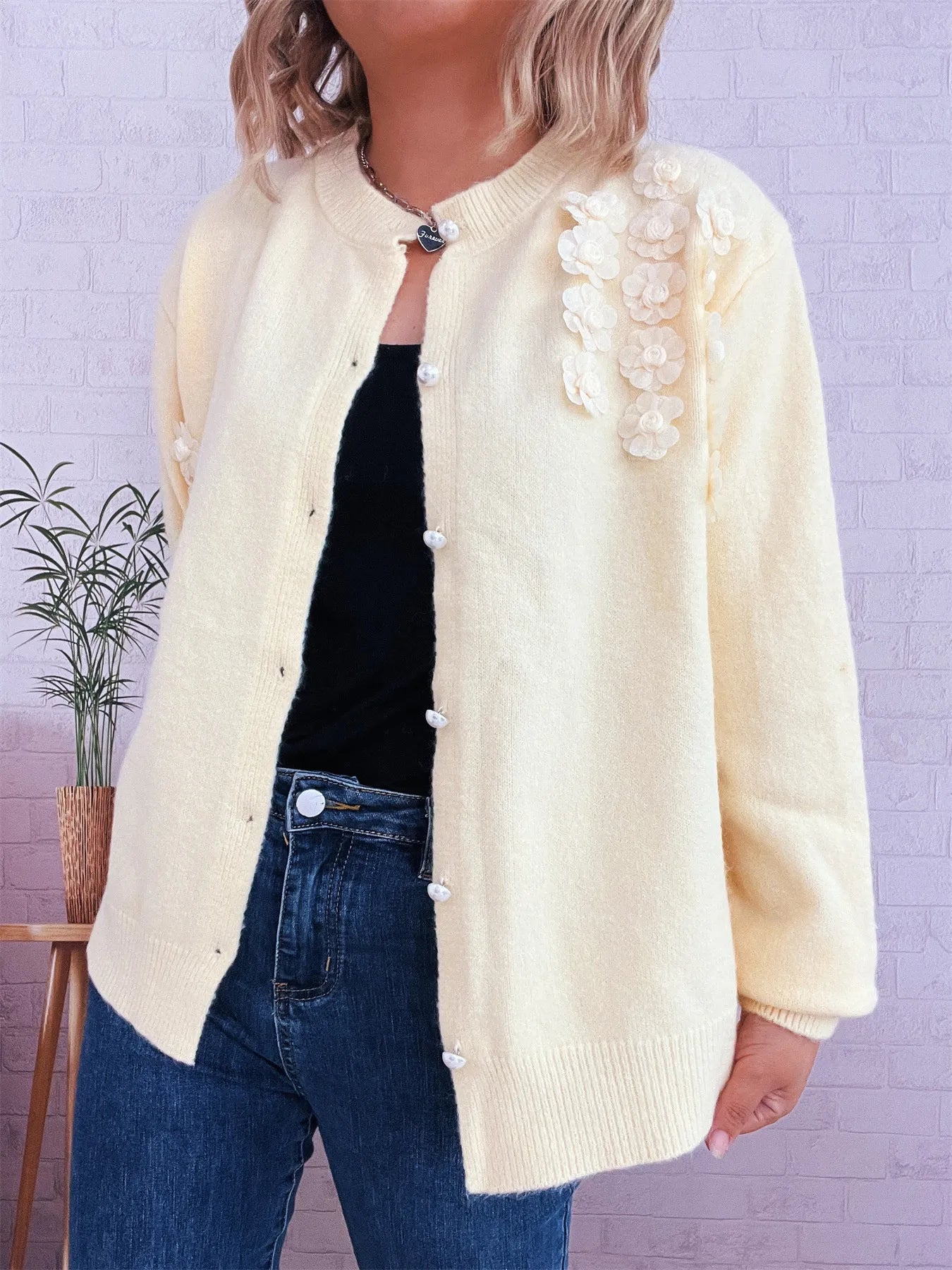 Flower Button Up Long Sleeve Cardigan - Fashorio